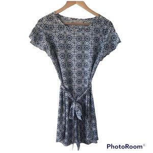 LOFT Navy & White Floral Print Tie Waist Dress